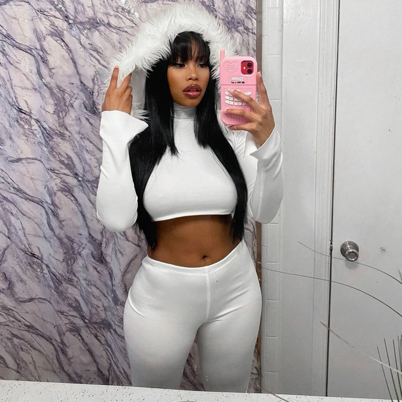 Furry Hooded Crop Top and Pants 2-Piece Winter Set