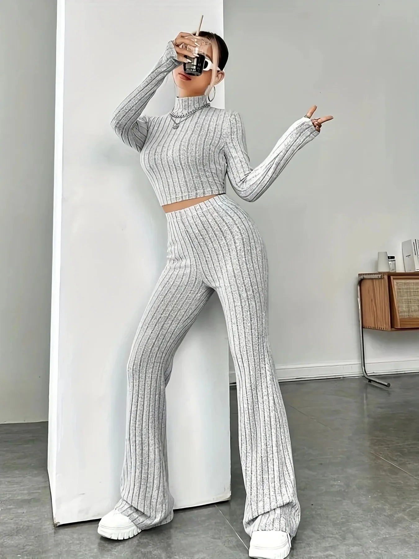 Turtleneck Pullover and High Waist Knit Pants 2-Piece Set