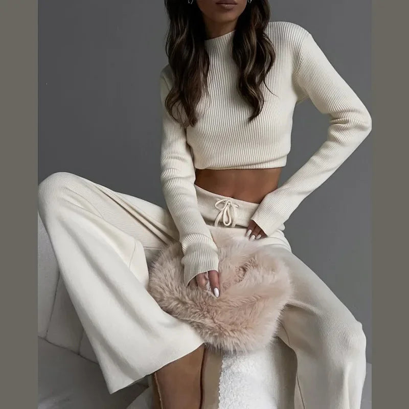 O-Neck Sweater and Wide Leg Pants Knit Set Casual 2-Piece Outfit