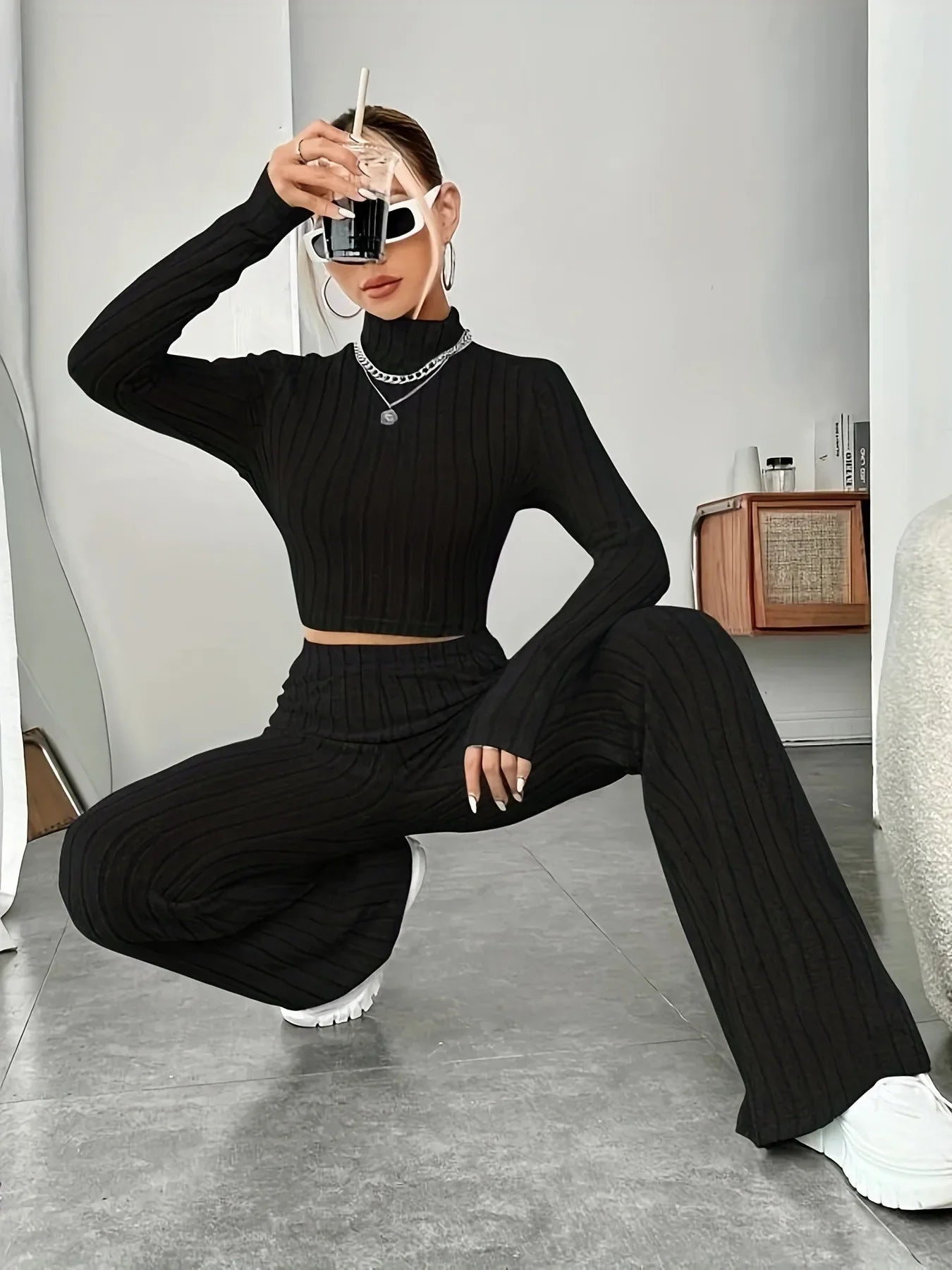 Turtleneck Pullover and High Waist Knit Pants 2-Piece Set