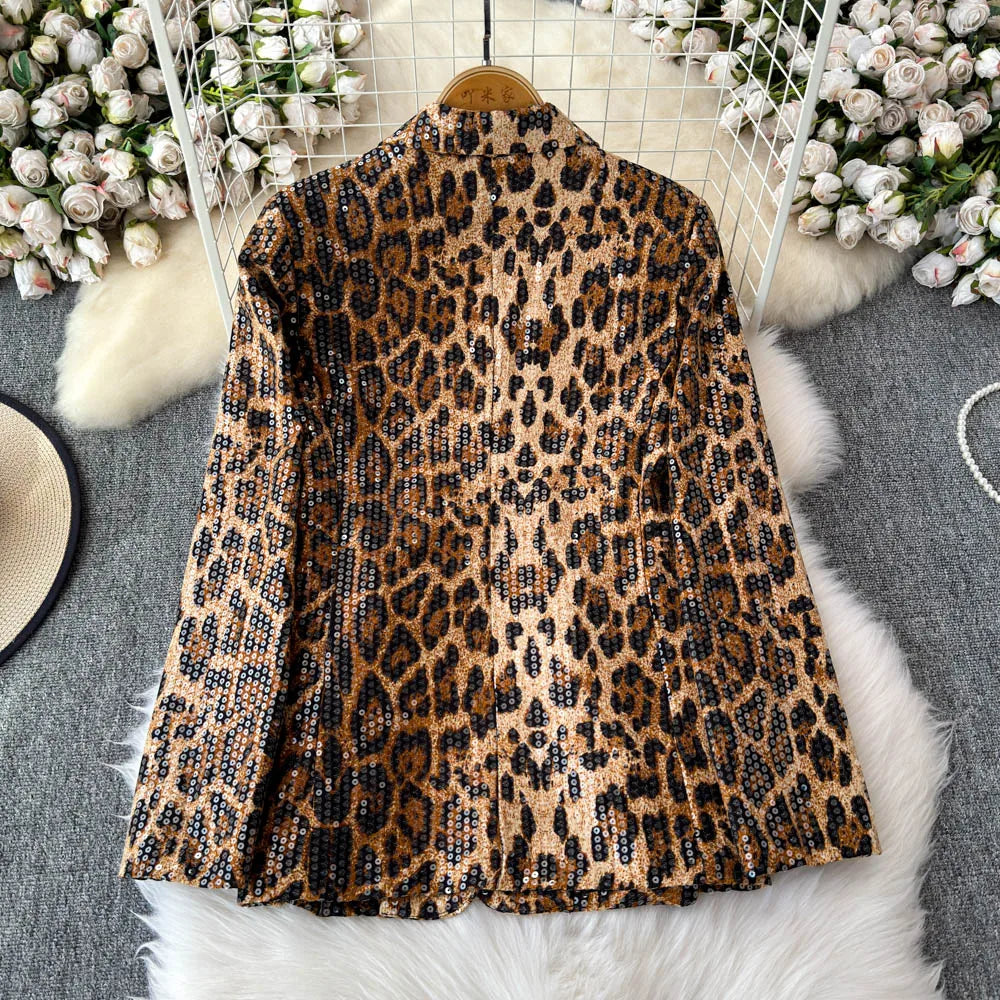 Street Style Leopard Print Blazer Women's Loose Sequined Coat - Nxt Moda
