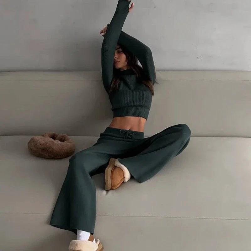 O-Neck Sweater and Wide Leg Pants Knit Set Casual 2-Piece Outfit