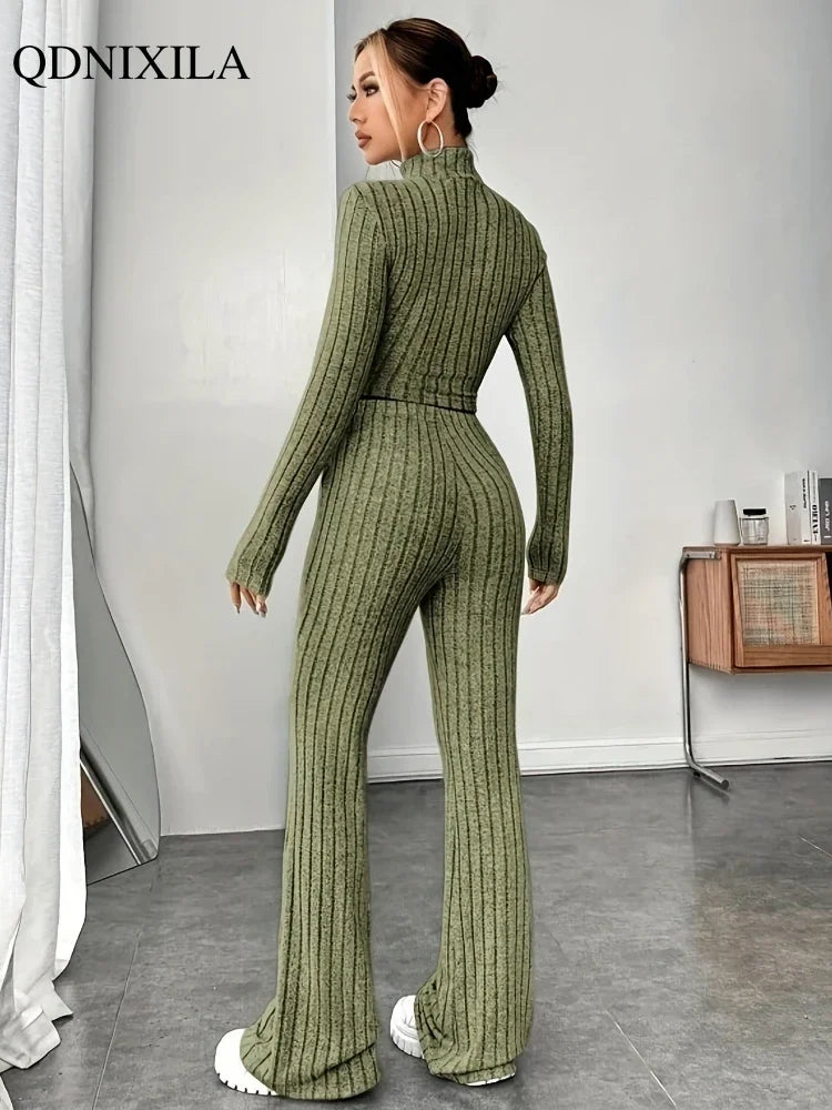 Turtleneck Pullover and High Waist Knit Pants 2-Piece Set