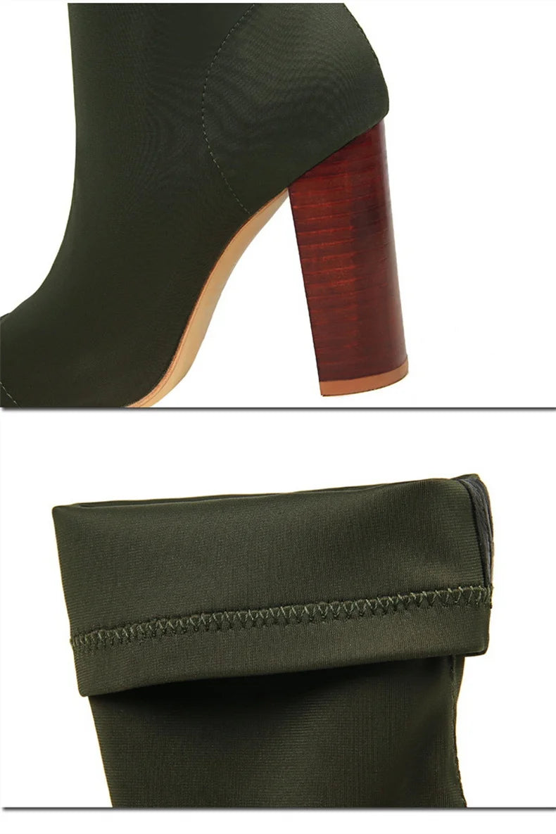 Socks Boots Black Pointed Toe Elastic Heels Autumn Winter Slimming Ankle Boots