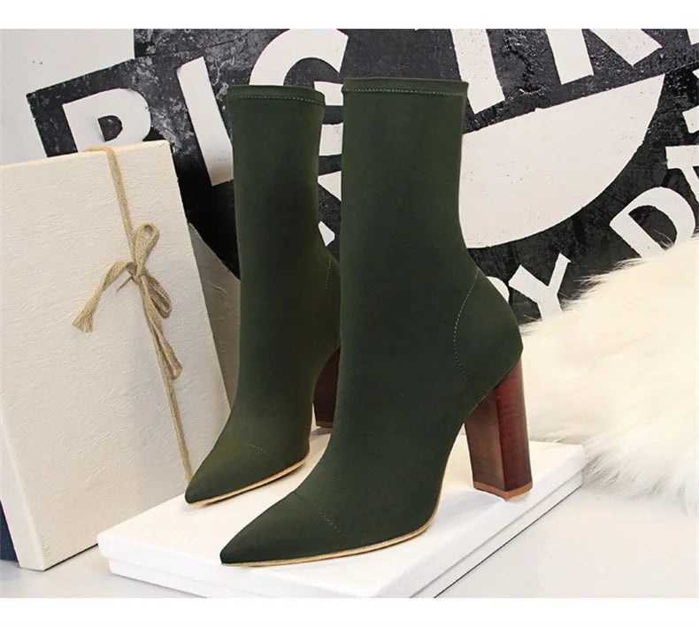 Socks Boots Black Pointed Toe Elastic Heels Autumn Winter Slimming Ankle Boots
