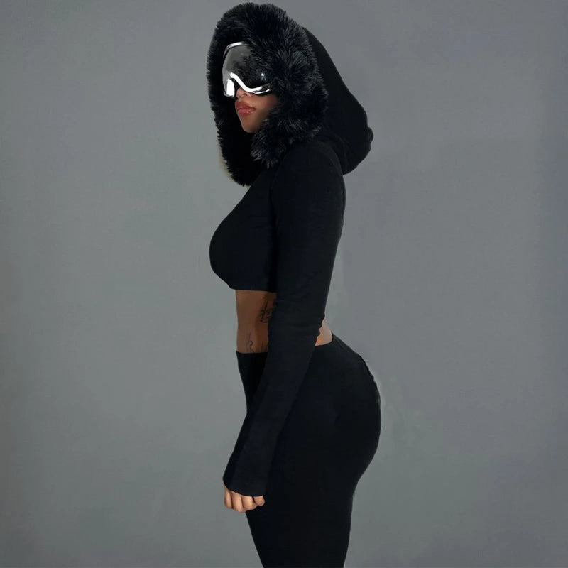 Furry Hooded Crop Top and Pants 2-Piece Winter Set