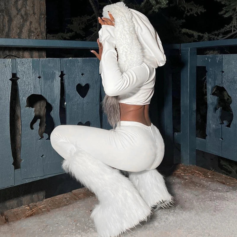 Furry Hooded Crop Top and Pants 2-Piece Winter Set