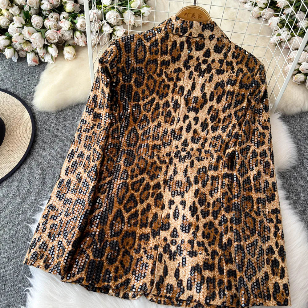 Street Style Leopard Print Blazer Women's Loose Sequined Coat - Nxt Moda