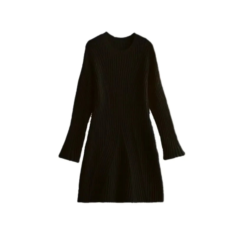 Ribbed Knit A-Line Mini Dress with Flare Sleeves