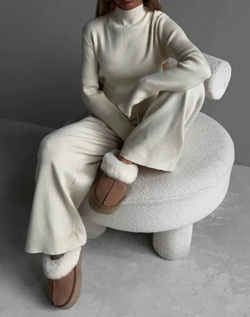 Ribbed Knitted Sweater and Slim Pants 2-Piece Winter Outfit