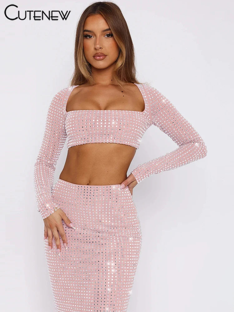 Shiny Sequin 2-Piece Set – Crop Top & Maxi Skirt Party Outfit