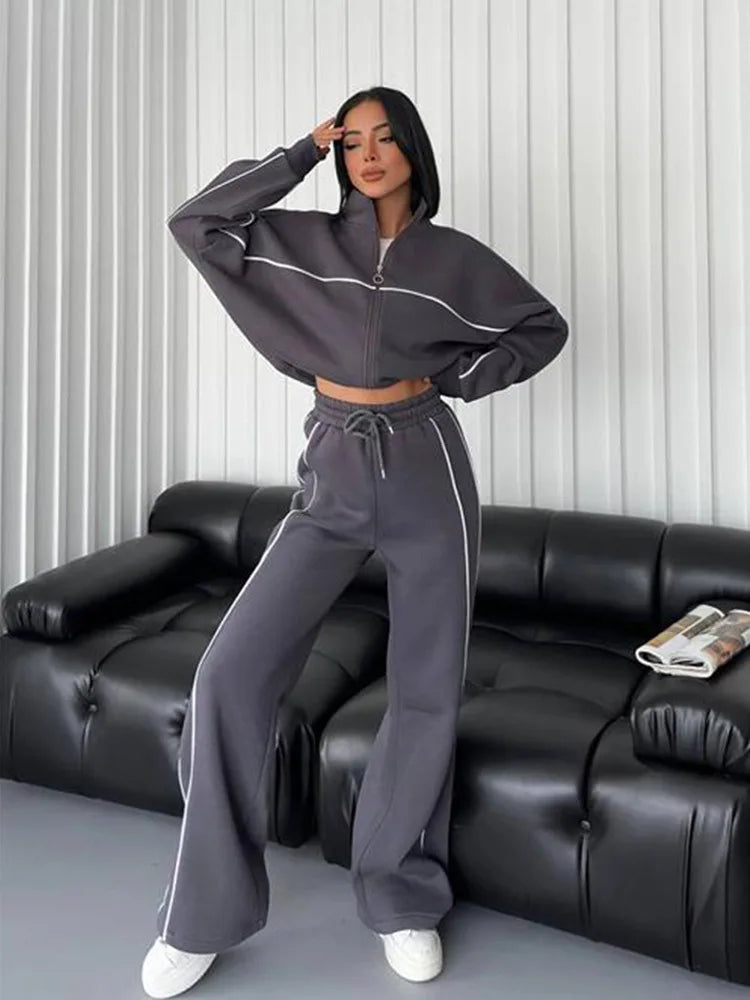 Zipper Cardigan Sweater and Lace-Up Striped Pants Two-Piece Set