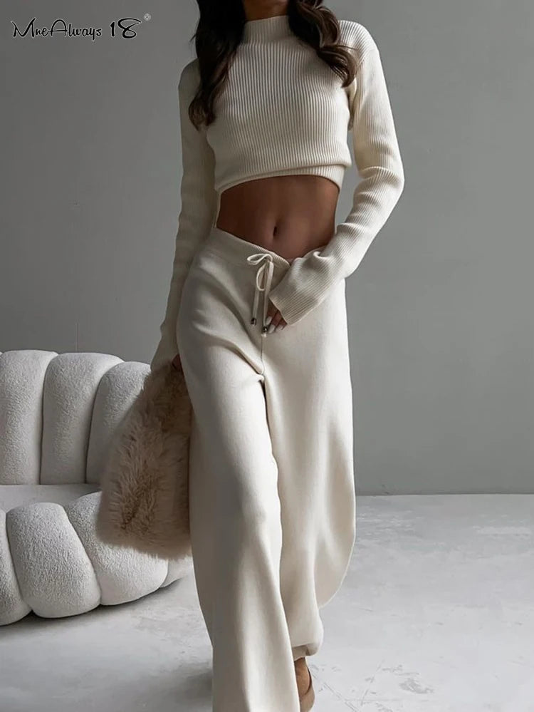 Ribbed Knitted Sweater and Slim Pants 2-Piece Winter Outfit