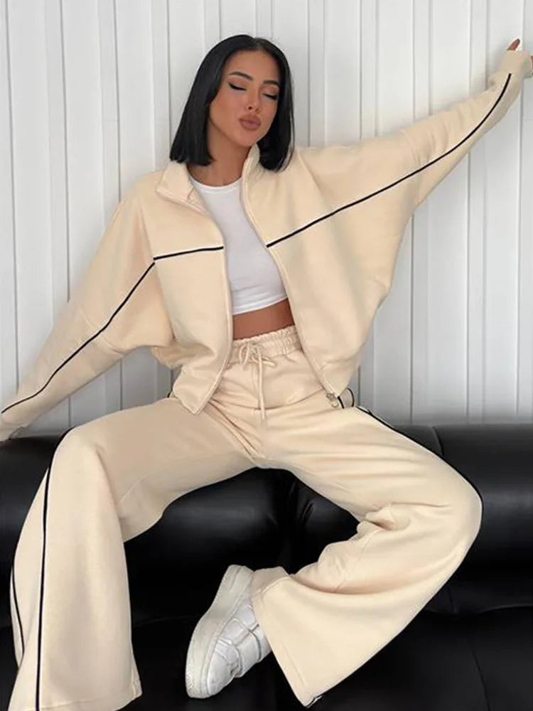Zipper Cardigan Sweater and Lace-Up Striped Pants Two-Piece Set
