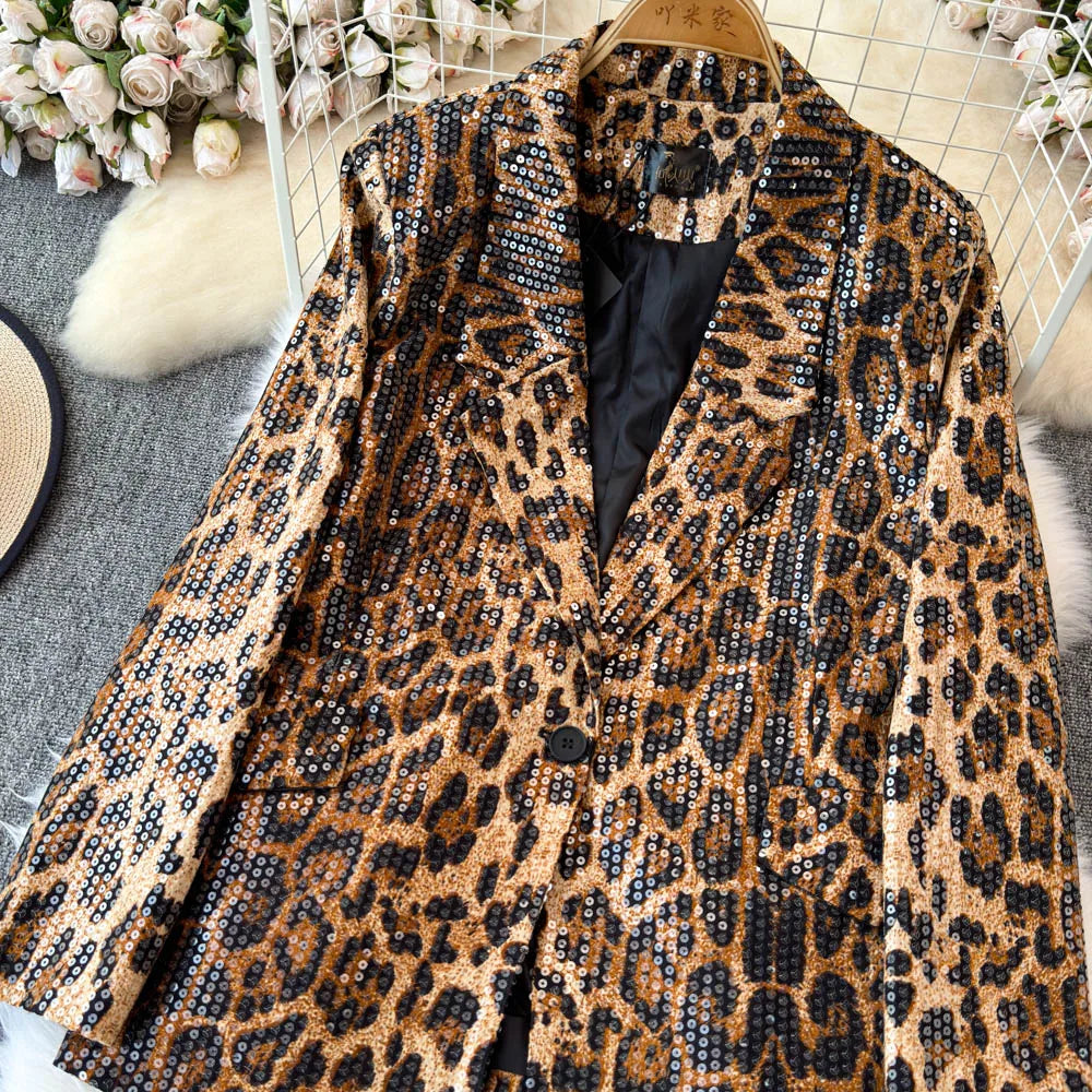 Street Style Leopard Print Blazer Women's Loose Sequined Coat - Nxt Moda