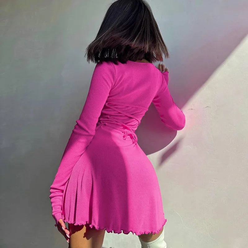 Claire Ribbed Long Sleeve Lace-Up Mini Dress