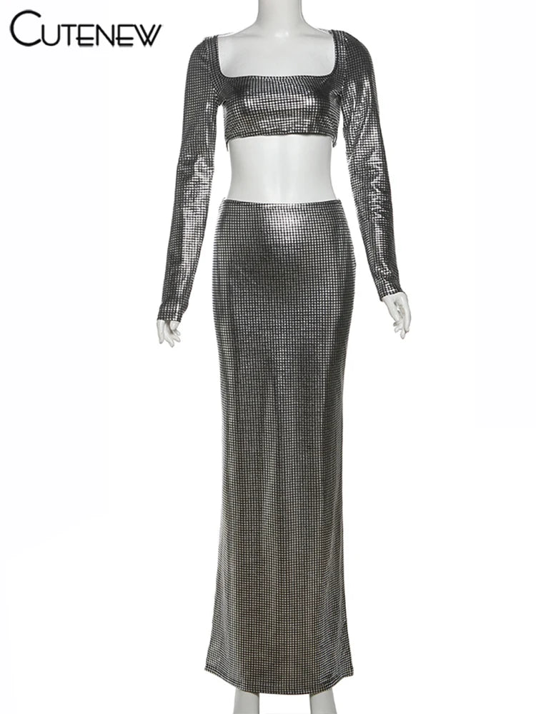Shiny Sequin 2-Piece Set – Crop Top & Maxi Skirt Party Outfit