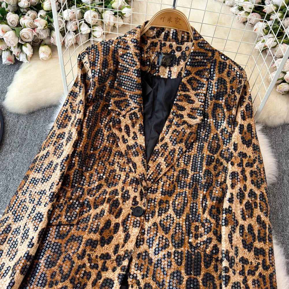 Street Style Leopard Print Blazer Women's Loose Sequined Coat - Nxt Moda