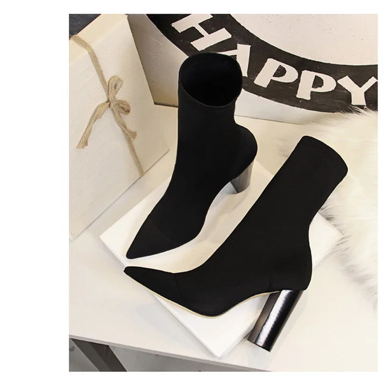 Socks Boots Black Pointed Toe Elastic Heels Autumn Winter Slimming Ankle Boots