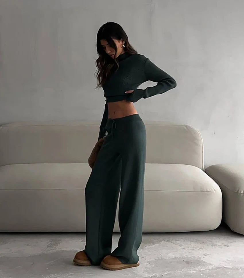 Ribbed Knitted Sweater and Slim Pants 2-Piece Winter Outfit