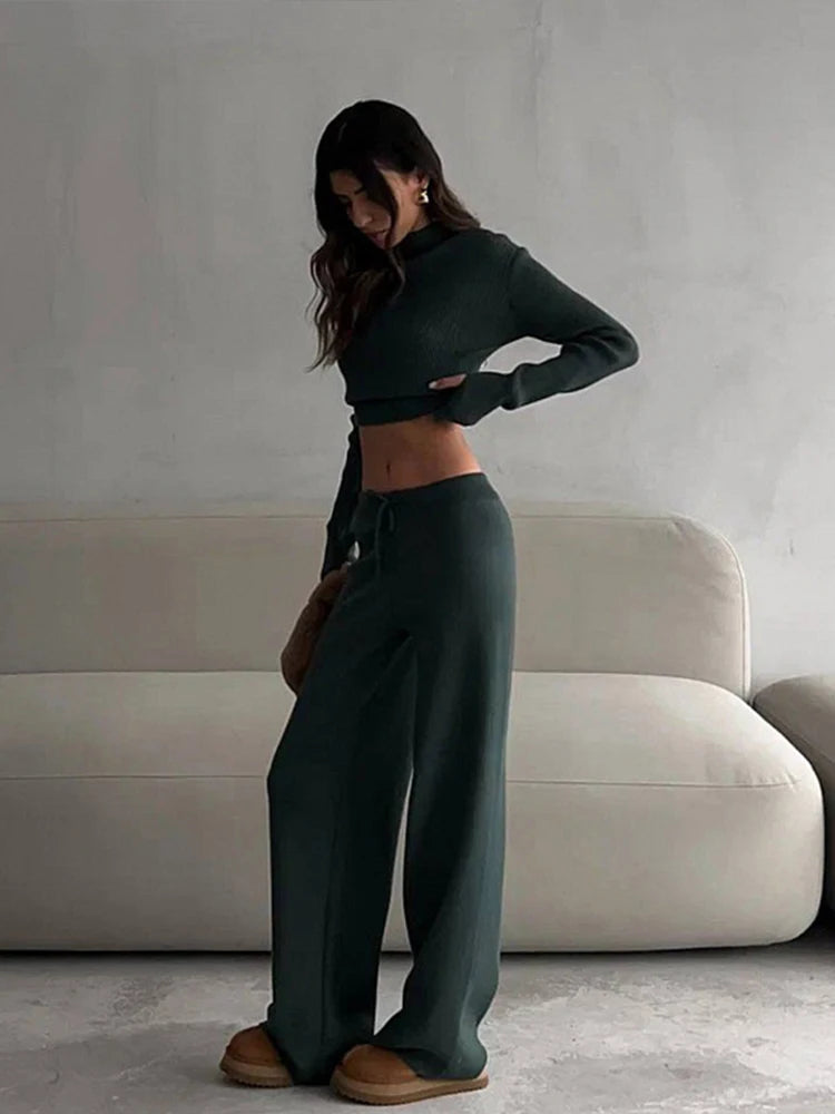 O-Neck Sweater and Wide Leg Pants Knit Set Casual 2-Piece Outfit