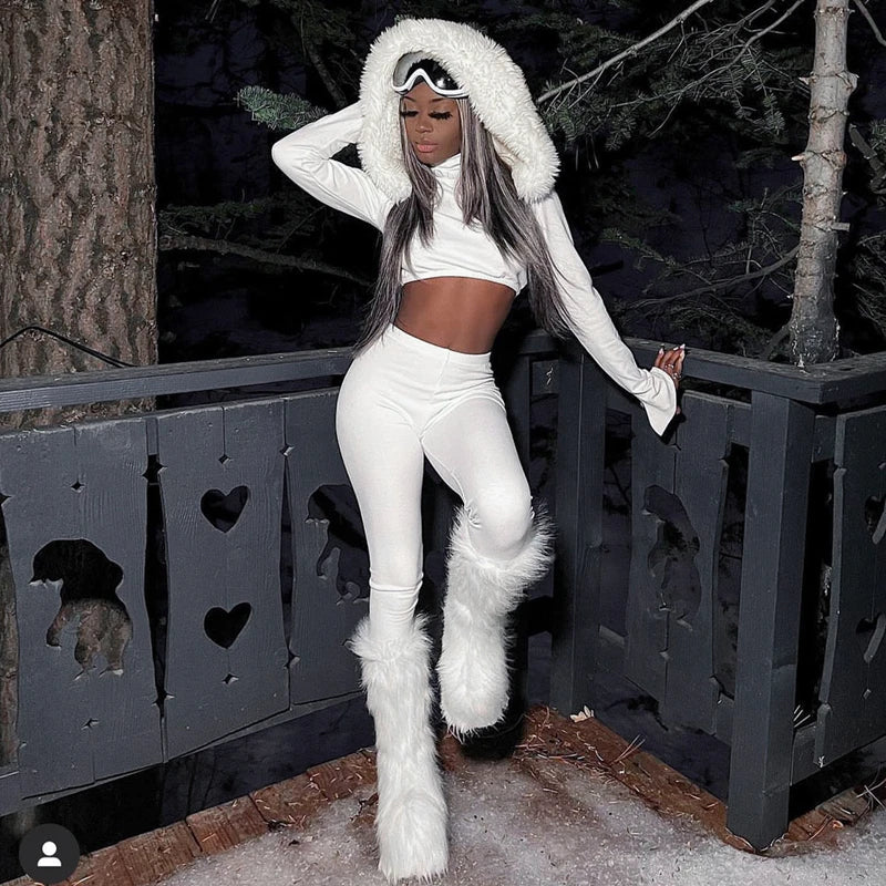 Furry Hooded Crop Top and Pants 2-Piece Winter Set