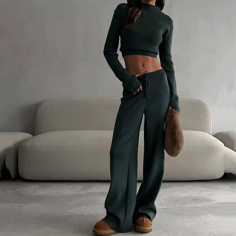 O-Neck Sweater and Wide Leg Pants Knit Set Casual 2-Piece Outfit