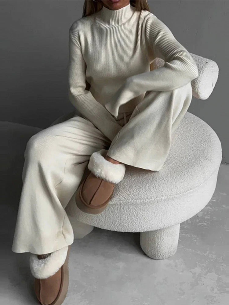 O-Neck Sweater and Wide Leg Pants Knit Set Casual 2-Piece Outfit
