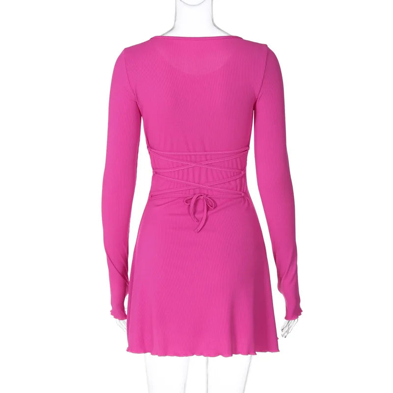 Claire Ribbed Long Sleeve Lace-Up Mini Dress