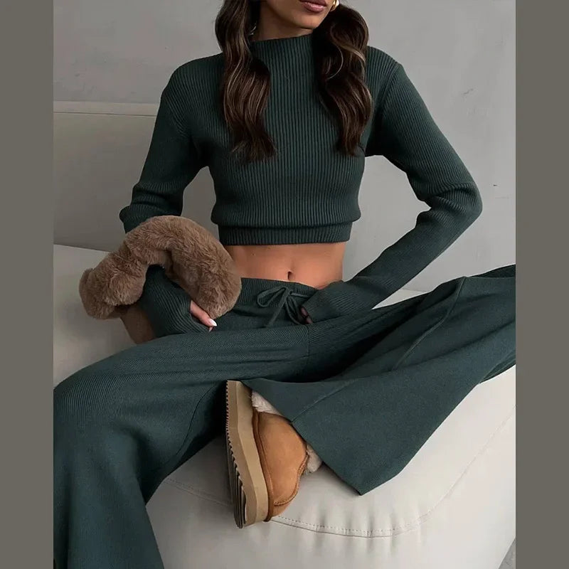 O-Neck Sweater and Wide Leg Pants Knit Set Casual 2-Piece Outfit