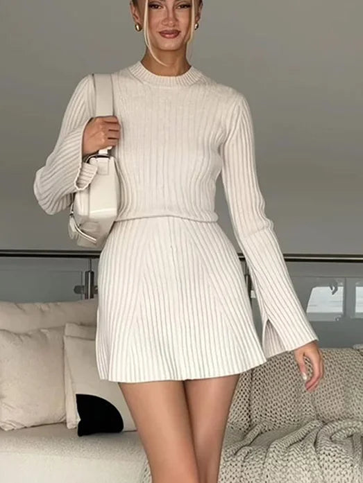 Ribbed Knit A-Line Mini Dress with Flare Sleeves