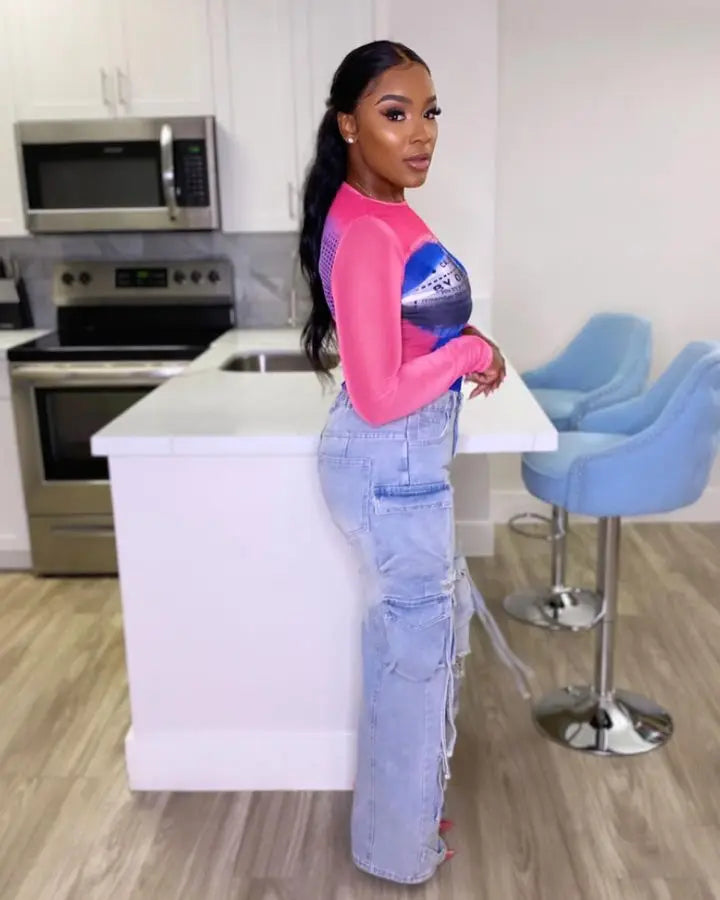 Women's Vintage Cargo Jeans Wide Leg Denim Pants