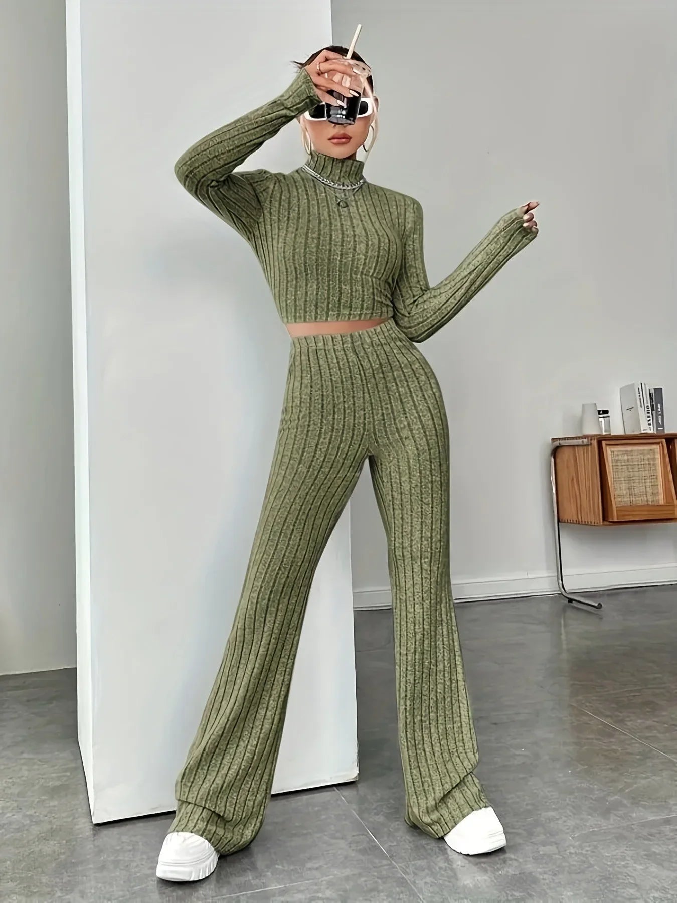 Turtleneck Pullover and High Waist Knit Pants 2-Piece Set