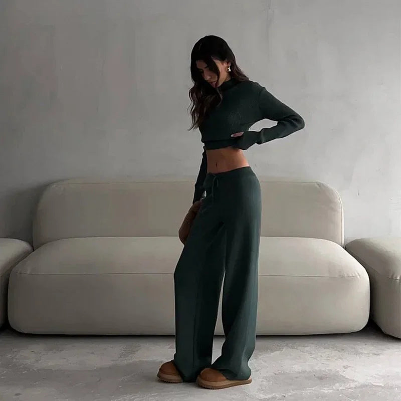 O-Neck Sweater and Wide Leg Pants Knit Set Casual 2-Piece Outfit