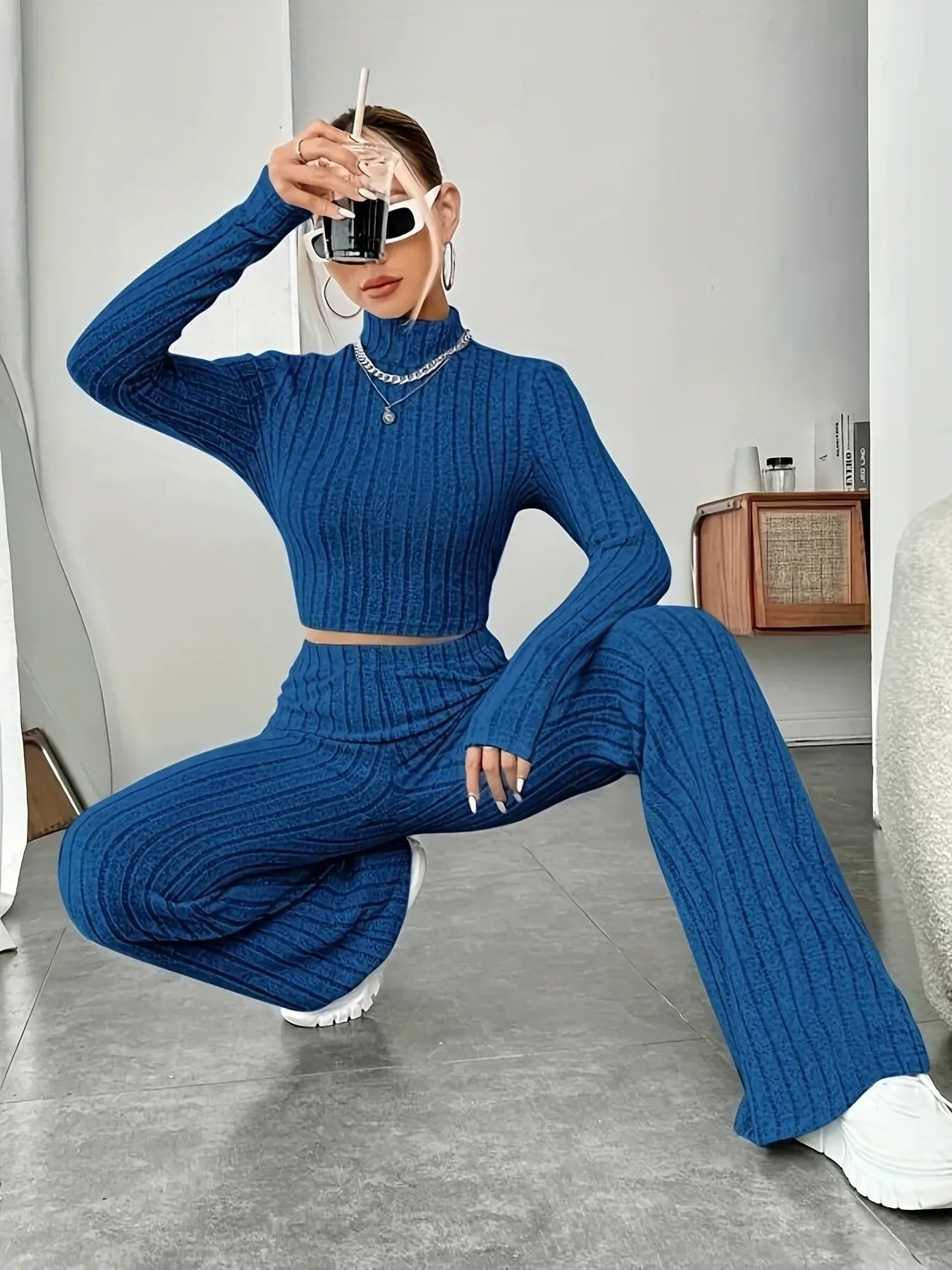 Turtleneck Pullover and High Waist Knit Pants 2-Piece Set