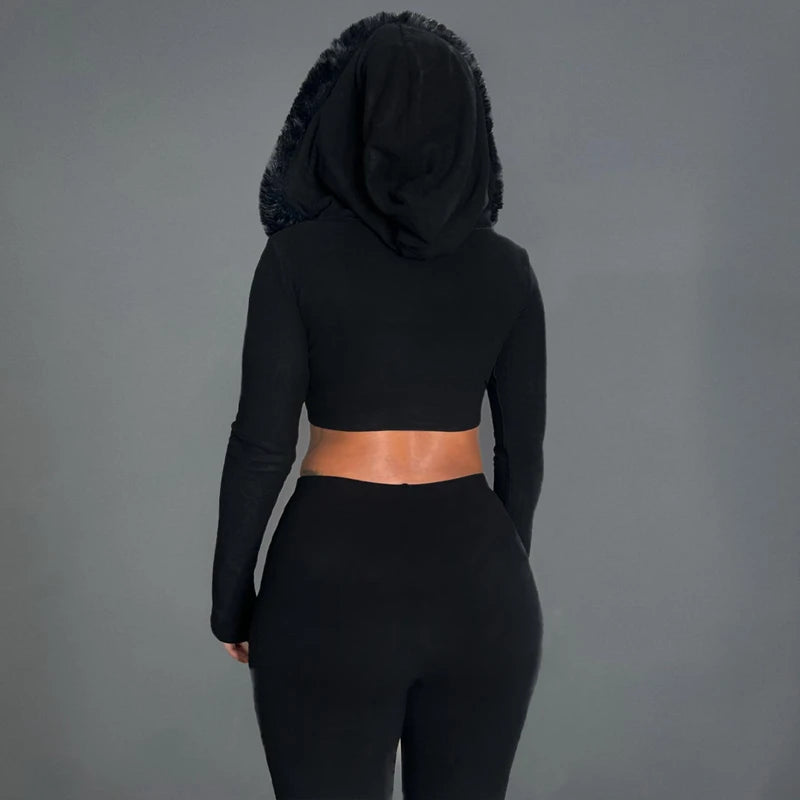 Furry Hooded Crop Top and Pants 2-Piece Winter Set