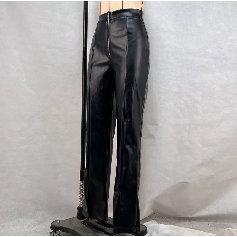 Vintage PU Leather High-Waist Pants – Loose Zipper Straight Trousers
