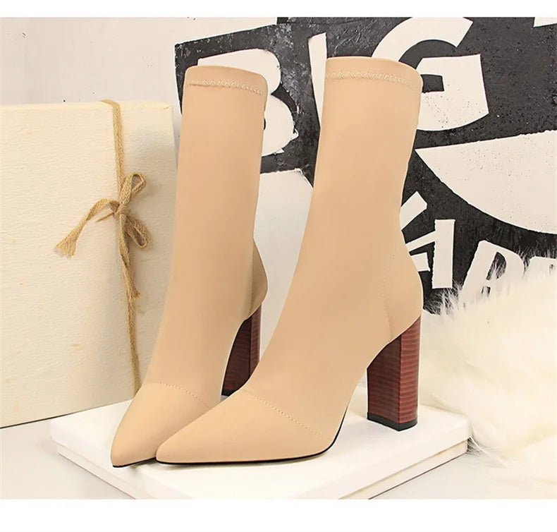 Socks Boots Black Pointed Toe Elastic Heels Autumn Winter Slimming Ankle Boots