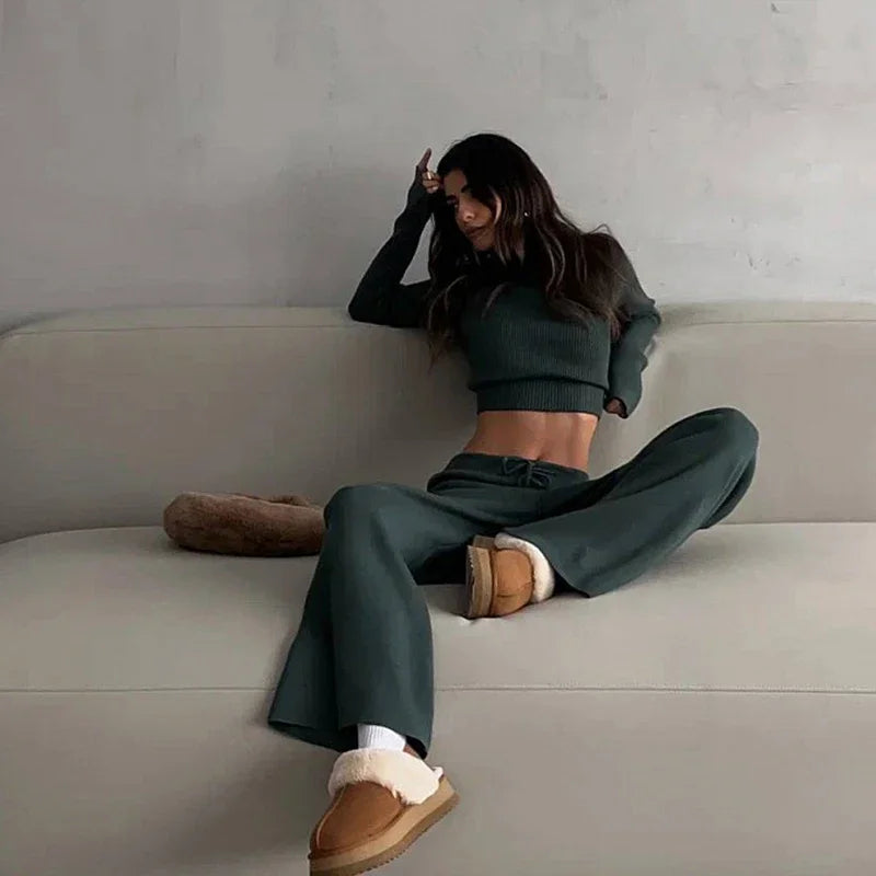 O-Neck Sweater and Wide Leg Pants Knit Set Casual 2-Piece Outfit
