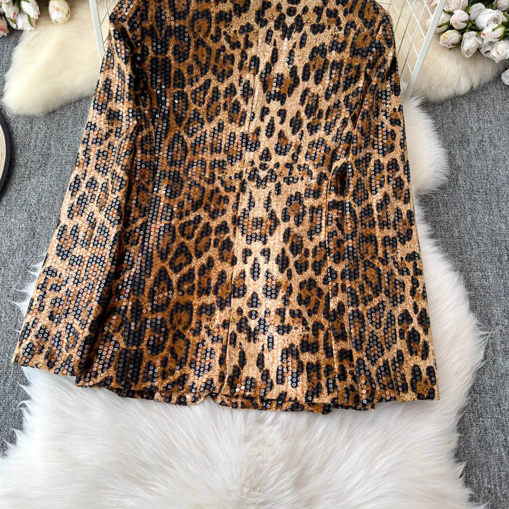 Street Style Leopard Print Blazer Women's Loose Sequined Coat - Nxt Moda