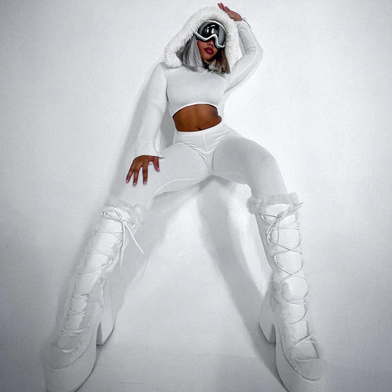 Furry Hooded Crop Top and Pants 2-Piece Winter Set