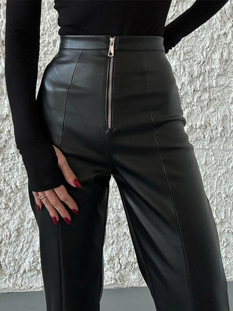 Vintage PU Leather High-Waist Pants – Loose Zipper Straight Trousers