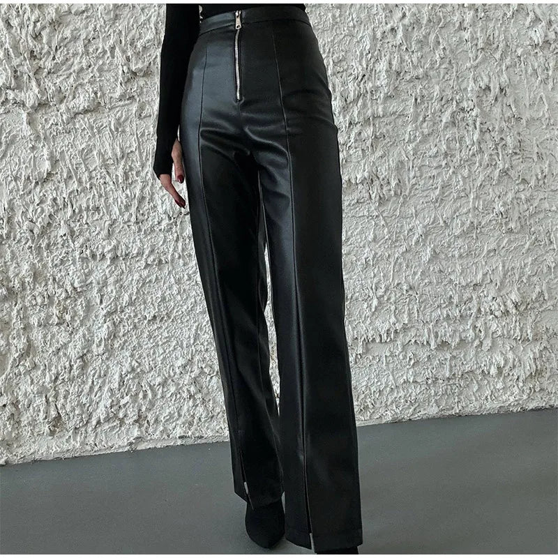 Vintage PU Leather High-Waist Pants – Loose Zipper Straight Trousers