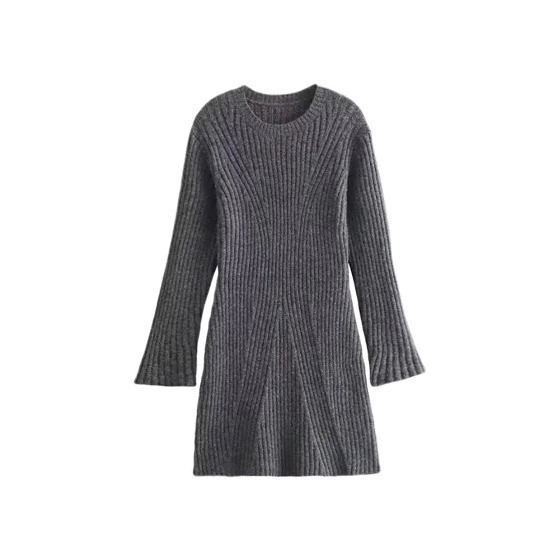 Ribbed Knit A-Line Mini Dress with Flare Sleeves