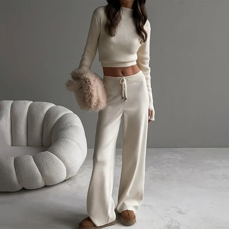 O-Neck Sweater and Wide Leg Pants Knit Set Casual 2-Piece Outfit