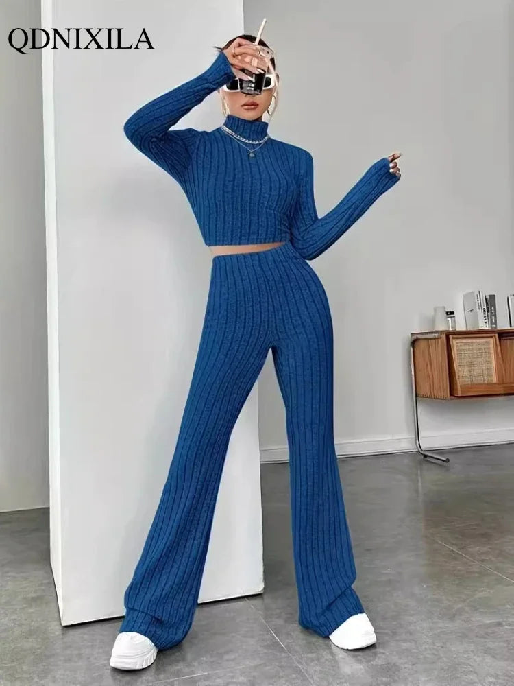 Turtleneck Pullover and High Waist Knit Pants 2-Piece Set