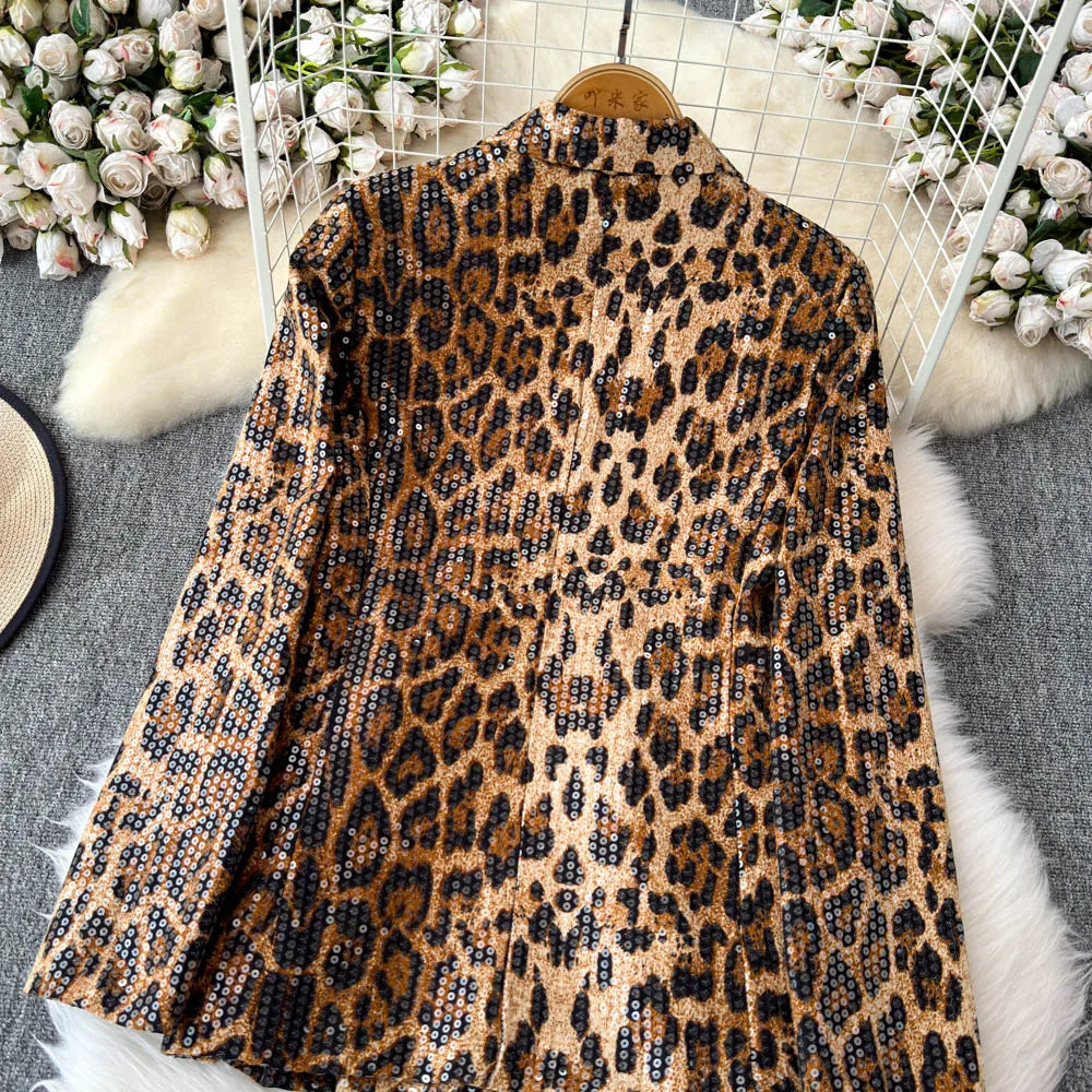 Street Style Leopard Print Blazer Women's Loose Sequined Coat - Nxt Moda