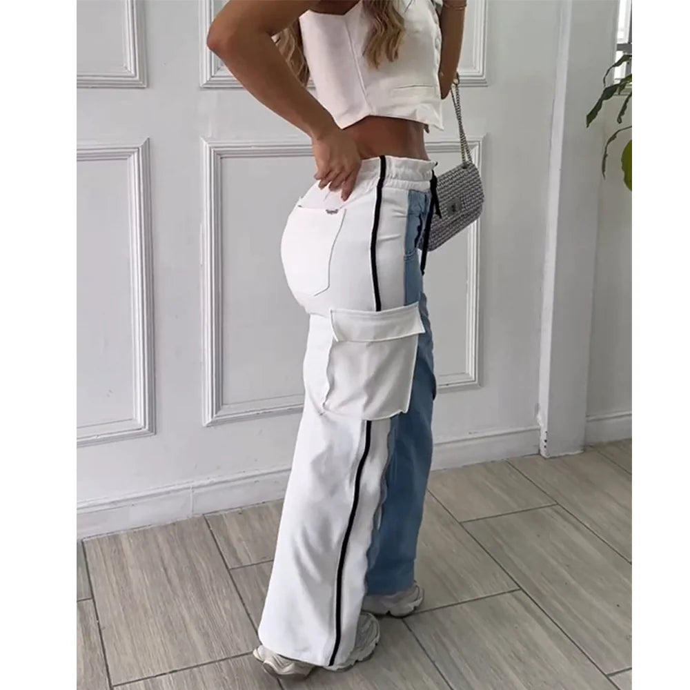 High Waisted Patchwork Cargo Jeans Lace-Up Trousers