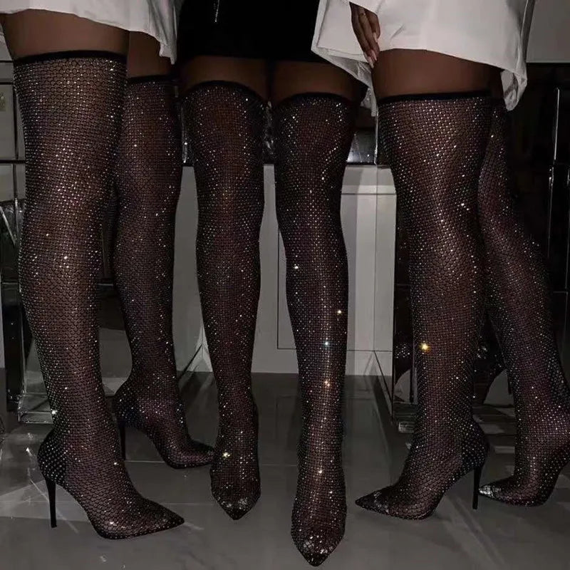 Sexy Pumps Stiletto High Heel Over Knee Mesh Sock Boots Pointed Toe Fishnet Heels Plus Size