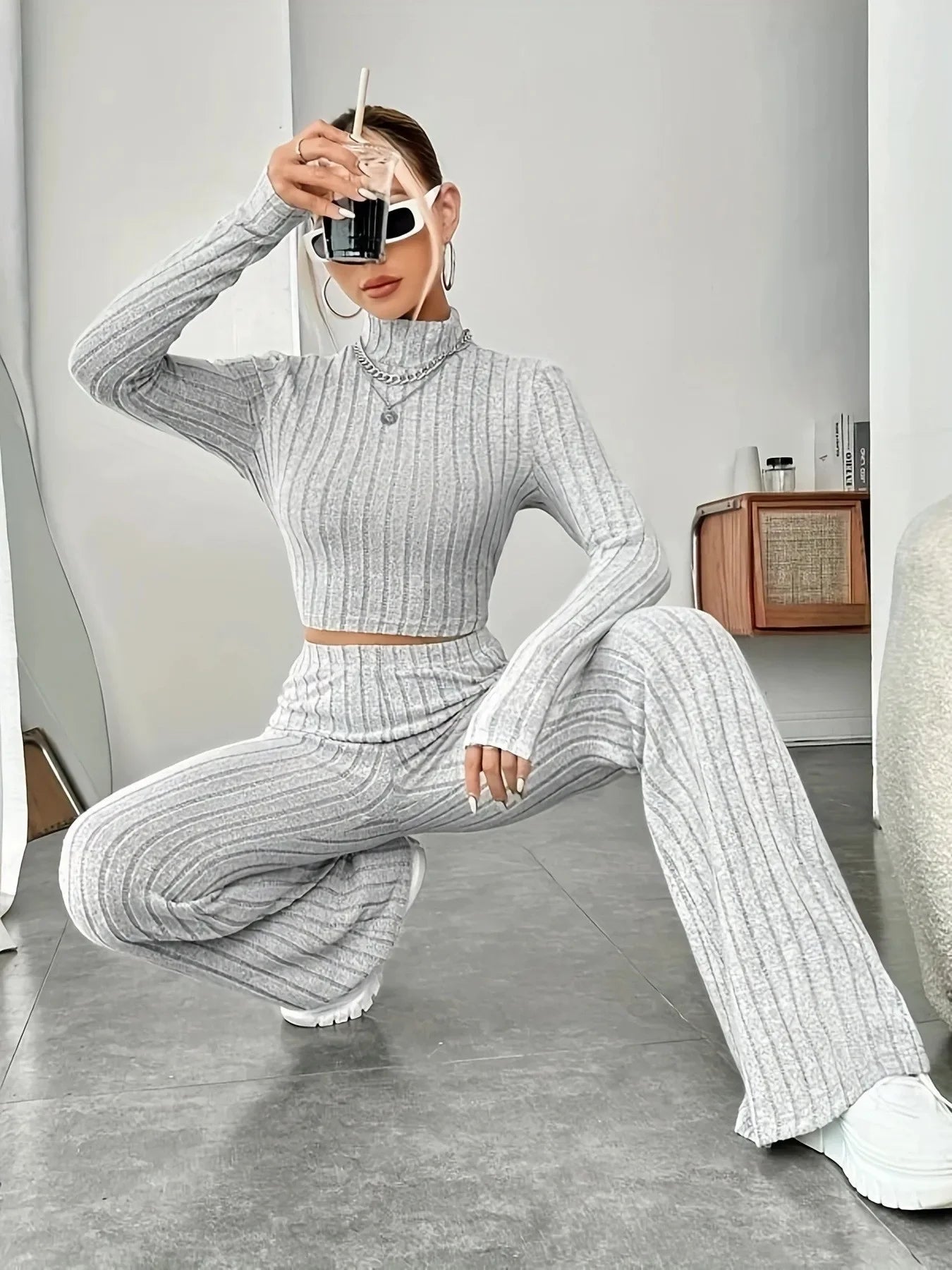 Turtleneck Pullover and High Waist Knit Pants 2-Piece Set